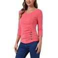 thumbnail image 4 of INSPIRE CHIC Women's Ruched Blouse Button Decor V Neck 3/4 Sleeve Solid Knit Top L Watermelon Red, 4 of 5