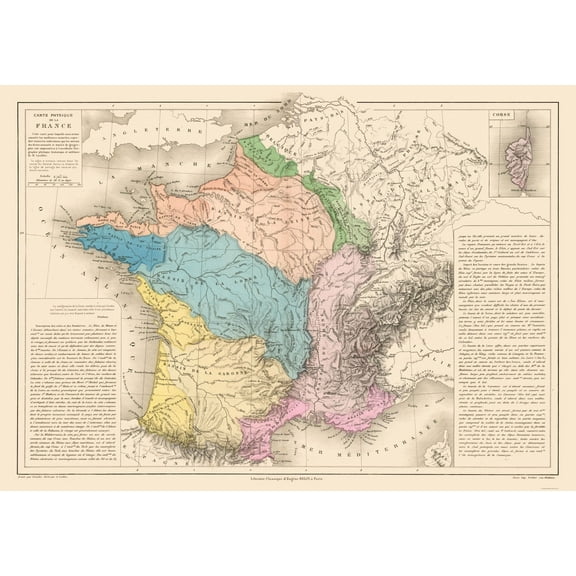 Historic Map - France Physical - Drioux 1882 - 32.55 x 23 - Vintage Wall Art