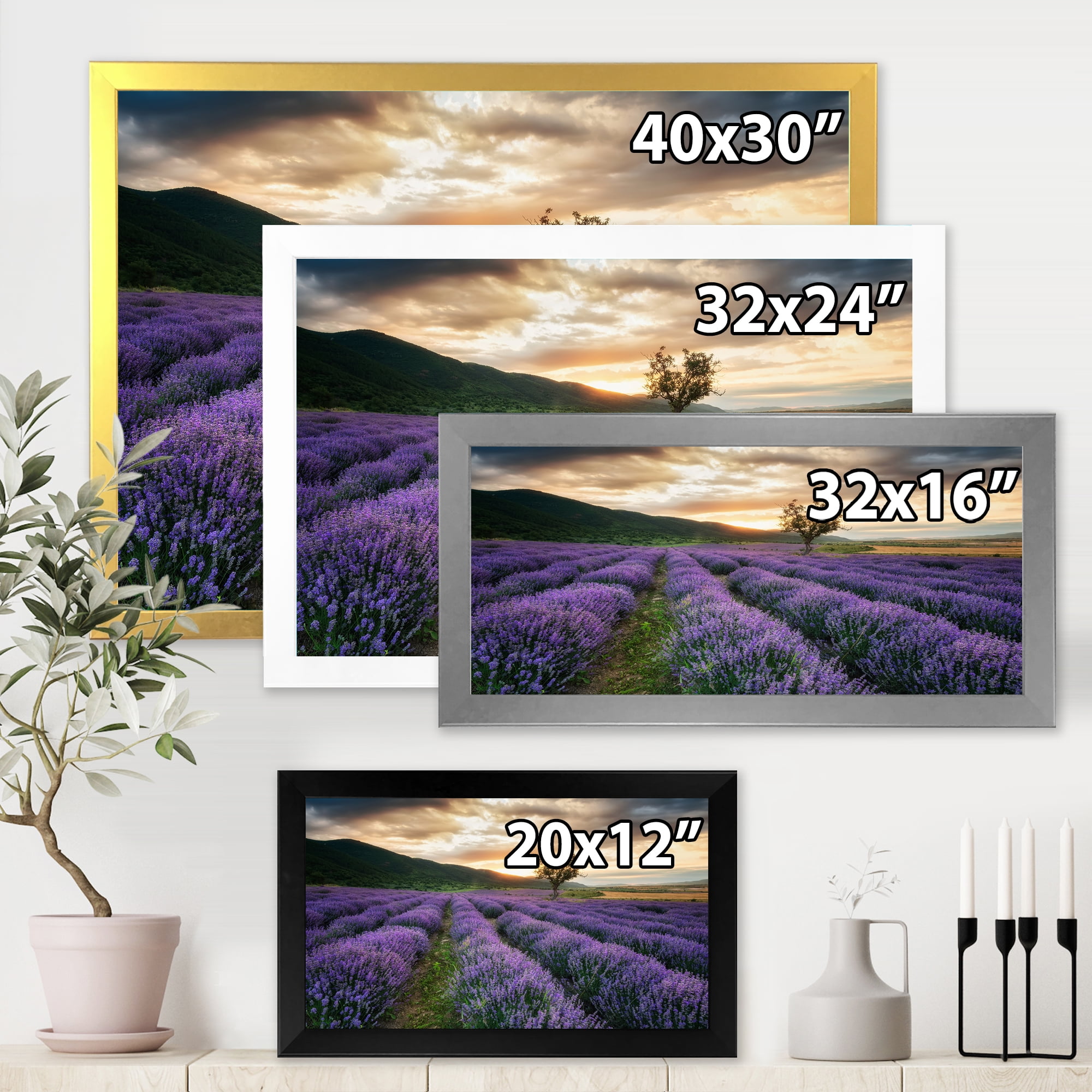 Designart 'Dramatic Clouds and Sunrise Over Lavender Field VII' Farmhouse Framed Art Print