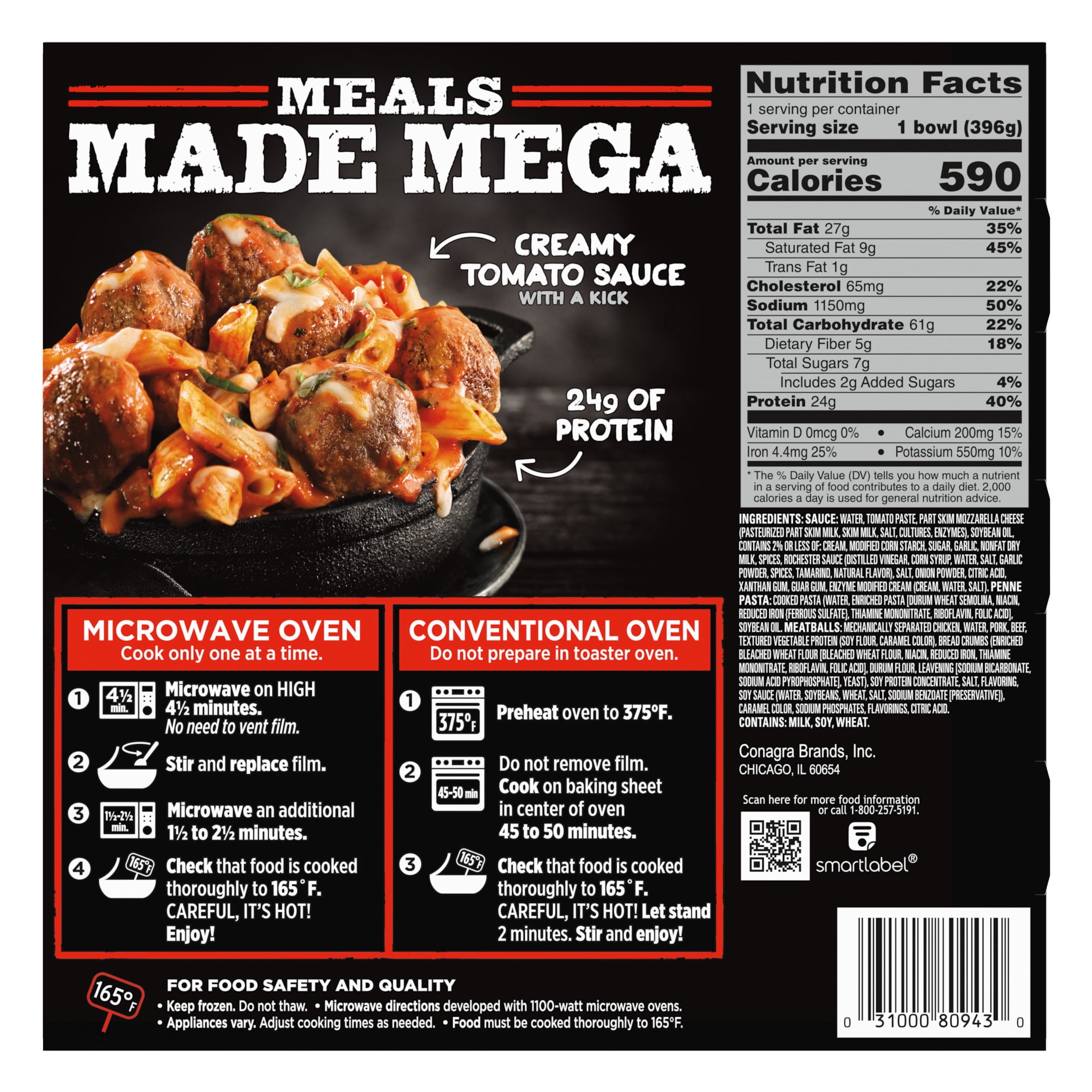 Banquet MEGA Bowls Dynamite Penne with Meatballs, 24g Protein, High Protein Frozen Meal, 14 oz.