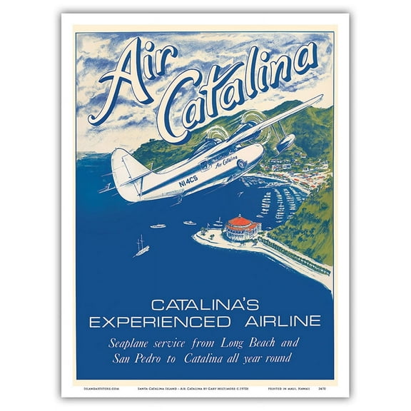 Santa Catalina Island California - Grumann Goose Airplane - Air Catalina Airline - Vintage Airline Travel Poster by Gary Miltimore c.1970s - Master Art Print (Unframed) 9in x 12in