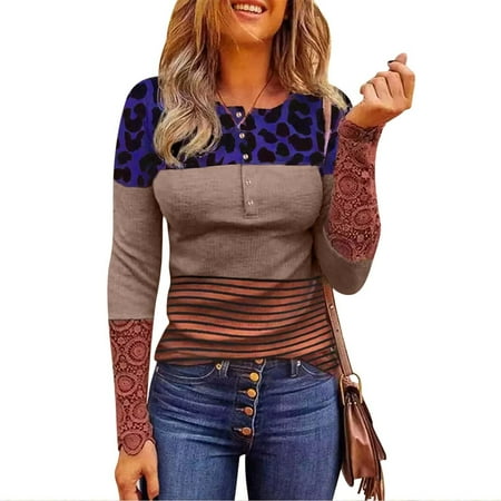

Zedker Tunic Tops To Wear With Leggings Plus Size Women Women S Round-Neck Printing Recreational Lace Stitching Long Sleeve Tops