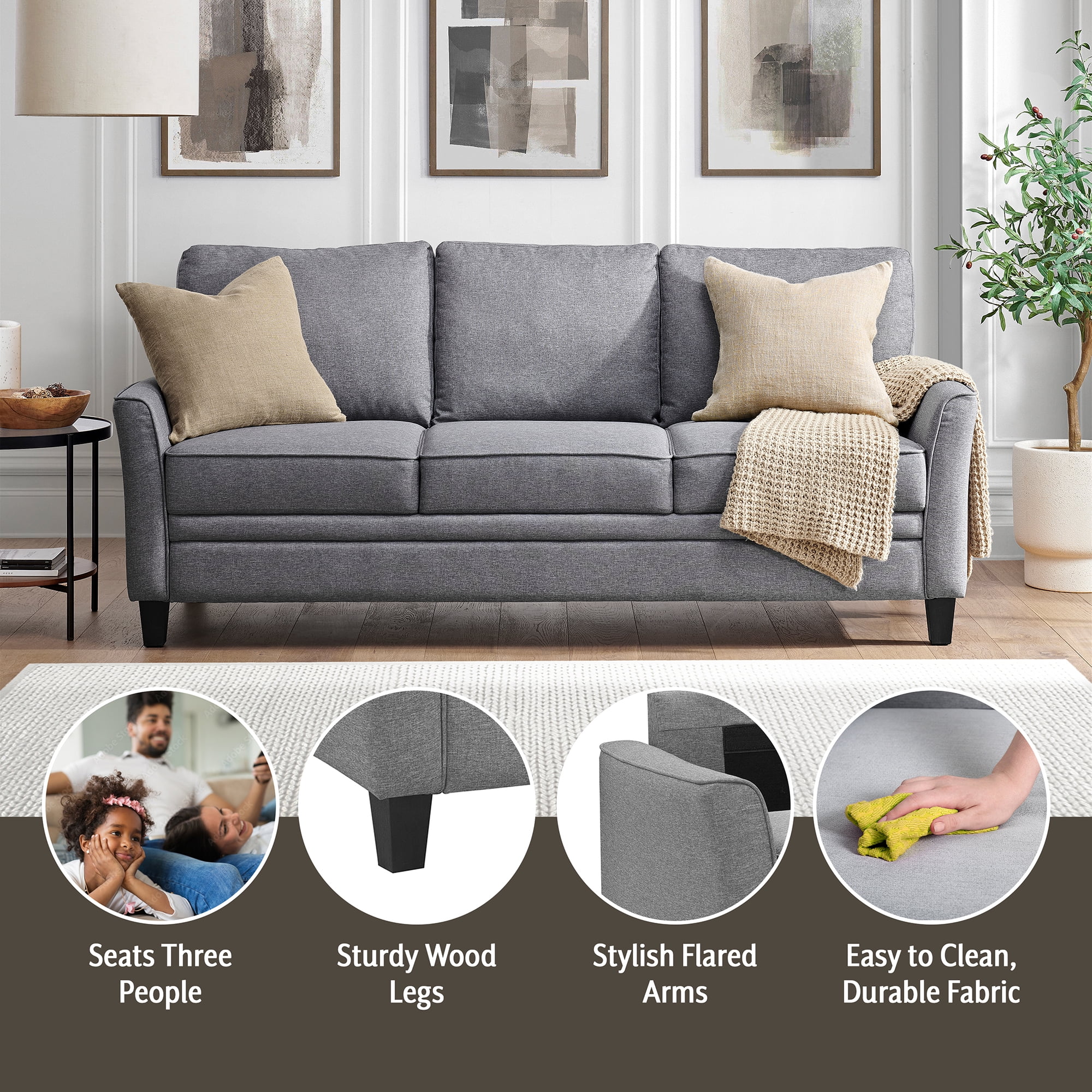 Mainstays Auden 81" 3 Seat Classic Modern Sofa, Gray