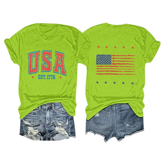 Alitao 4Th Of July Shirts Women T Shirts for Women Women Casual Printing Short Sleeves ROUND Neck Loose T Shirt Blouse Tops Patriotic Shirts for Women Graphic Tees Green L