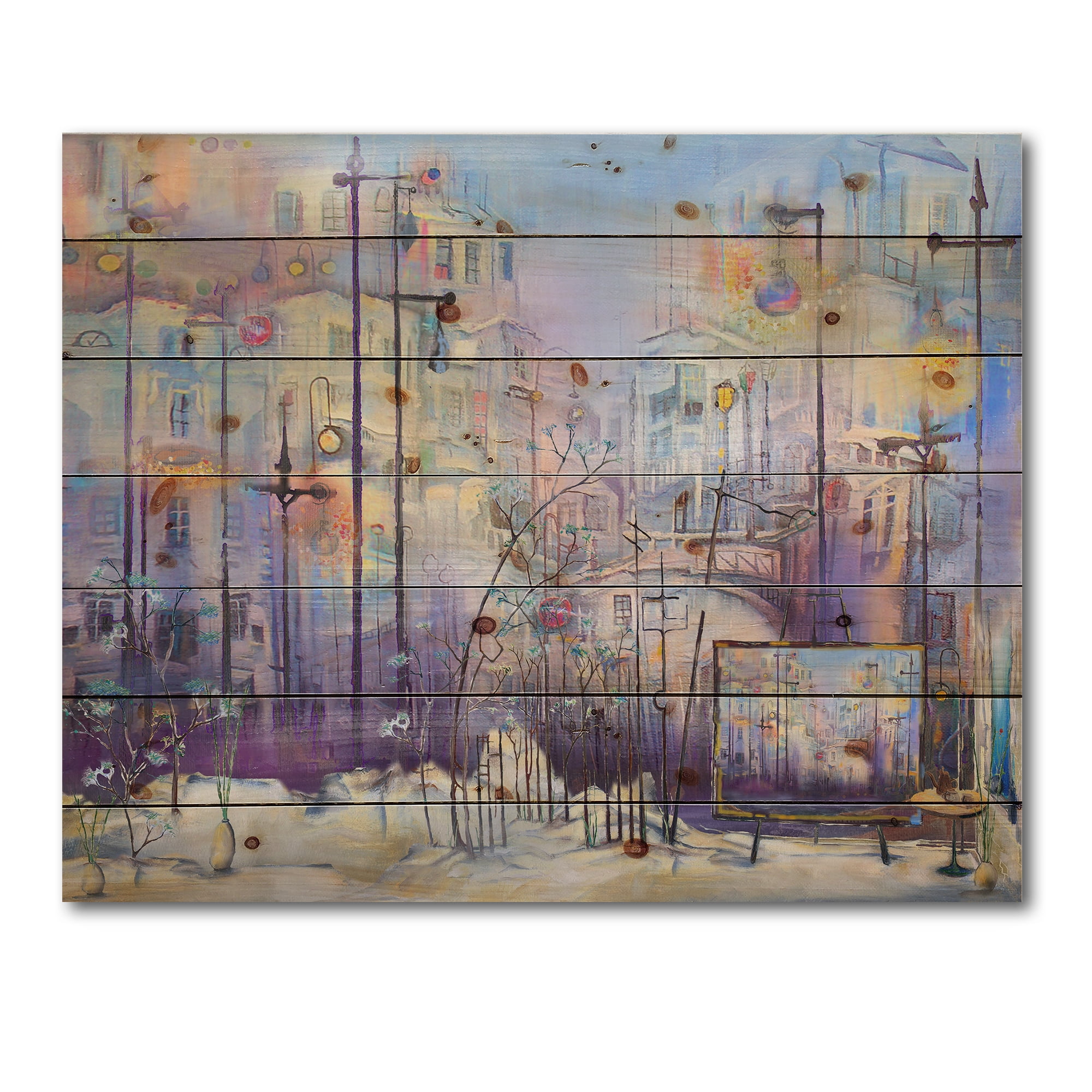 Designart 'Abstract Cityscape With Pastel ' Modern Print on Natural Pine Wood