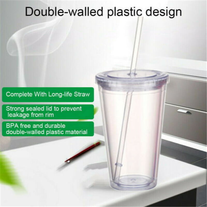 16oz Double Walled Plastic Cup With Lid And Straw Clear Coffee Juice Insulated Com - Clear Double Wall Cups With Lids