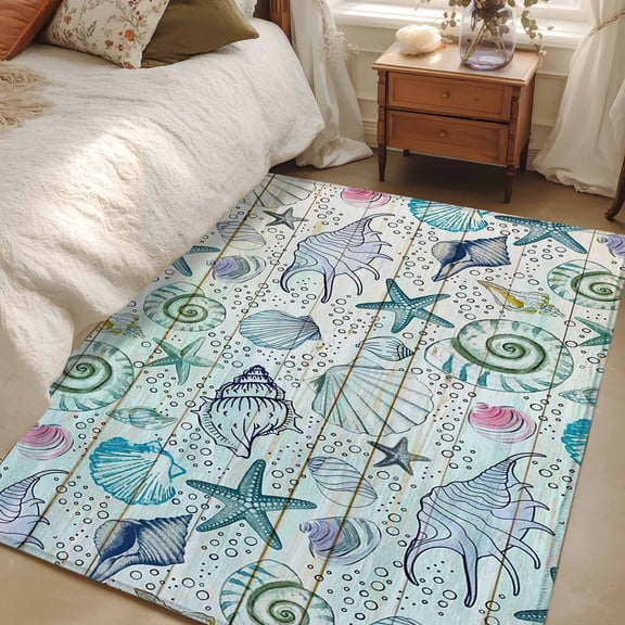 Area Rug for Living Room, Teal Blue Coastal Non-Slip Indoor Large Carpet for Bedroom/Dining Room, Nautical Starfish Shells Ocean Sea Washable Low-Profile Rectangle Floor Mat Runner Rugs - 3 x 5 Ft