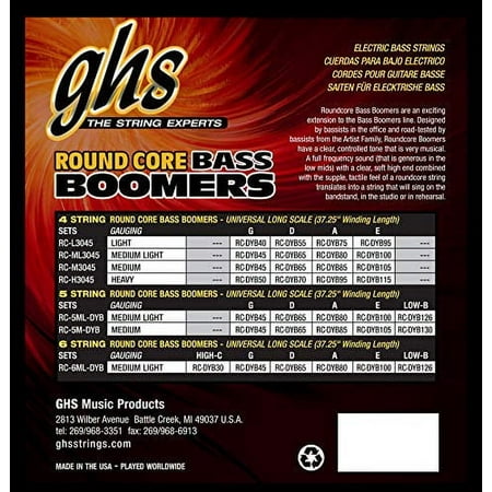 GHS Strings GHS Round Core Bass Boomers, 5-String Set, Medium Light Gauge, 45-126 (37.25" Winding) (RC-5ML-DYB), Silver