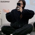 thumbnail image 4 of DUOJIHUI-Conjunto de ropa de dormir de franela gruesa y cálida para mujer, pijama Simple de manga larga con cremallera, en 7 colores, a la moda, color negro, Invierno, 4 of 5
