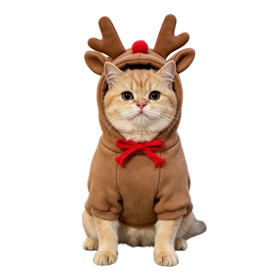 Christmas Reindeer Pet Clothes for Small Medium Dogs and Cats, Soft Cotton Winter Hoodie with Antlers and Red Nose, Holiday Party Out, Photo Prop