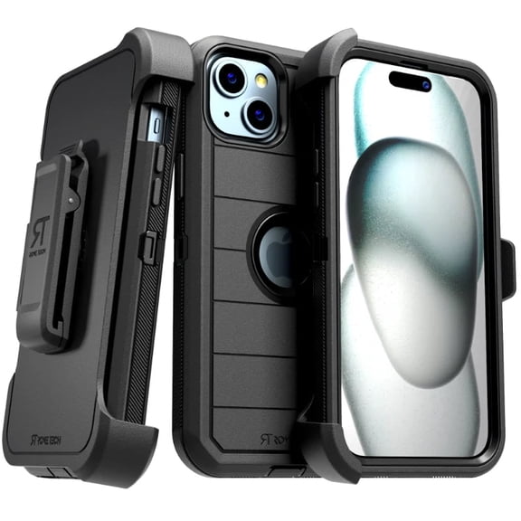Rome Tech for Apple iPhone 15 (2023) Case with Belt Clip Holster & Kickstand, Dual-Layer Shockproof Case - Black
