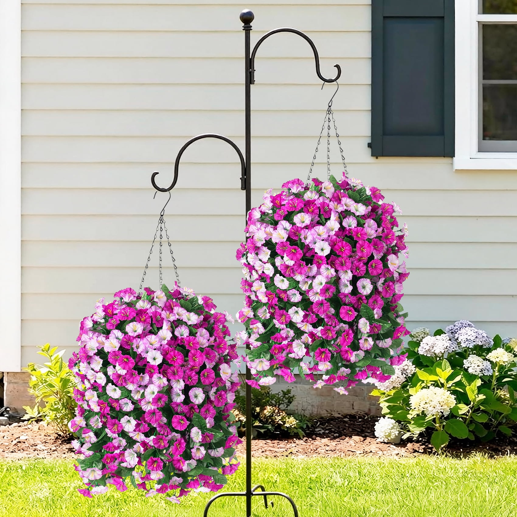 Scidweet Artificial Hanging Flowers Outdoor, 4 Bundles Faux Fake Silk Morning Glory Flowers Plants with Basket for Spring Summer Outside Patio Garden Porch Yard Home Decor