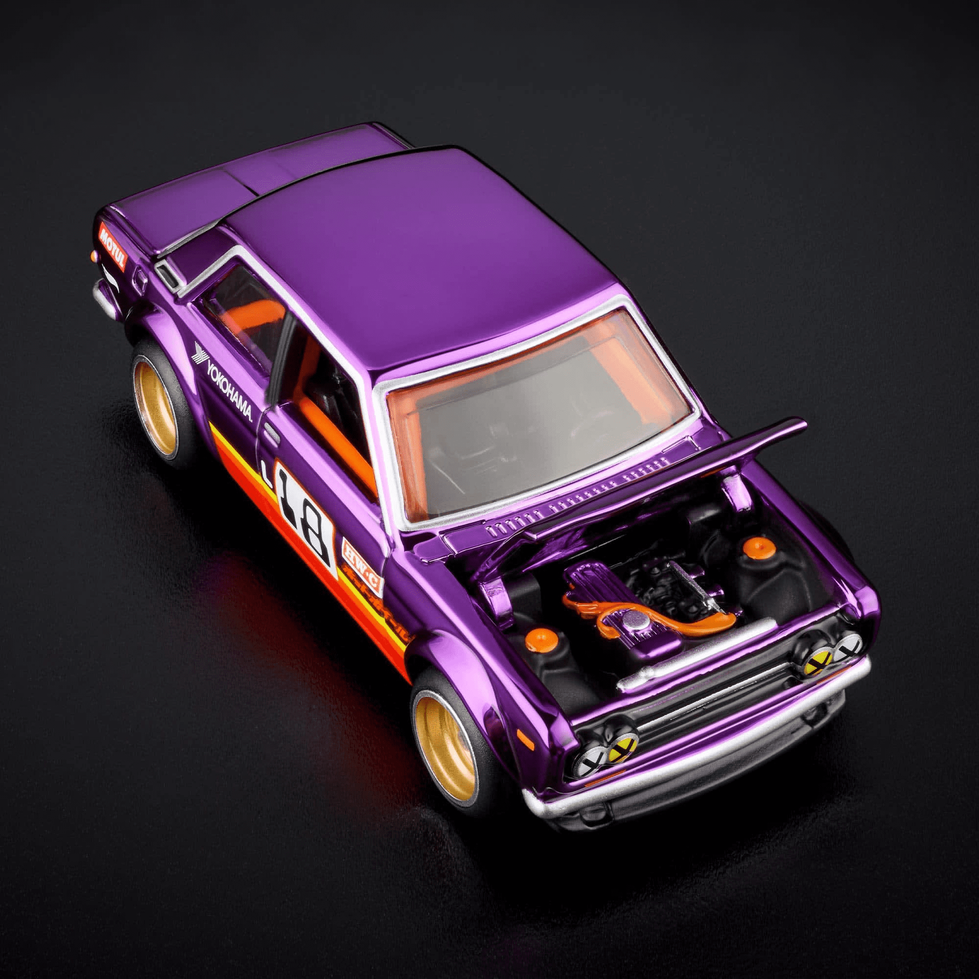 Hot Wheels RLC '71 Datsun 510, Spectraflame Purple, 1:64 Scale Die-Cast Metal Car with Opening Hood, Real Riders Gold Wheels, Exclusive Collectible