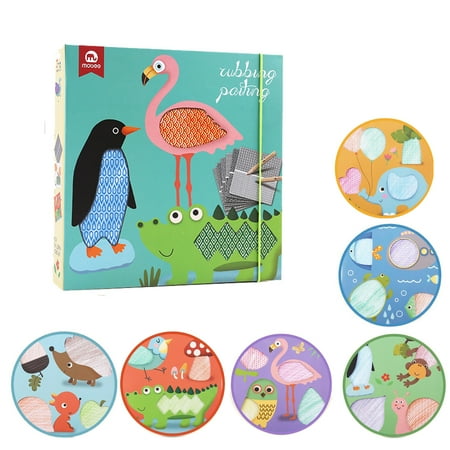 Mobee DIY Rubbing Painting Set-24 Painted Paper, 6 Rubbing Pads, 6 Animal Templates & 12 Color Pencils, Early Educational Toy Painting Craft Kit for Kids, Age 3-6