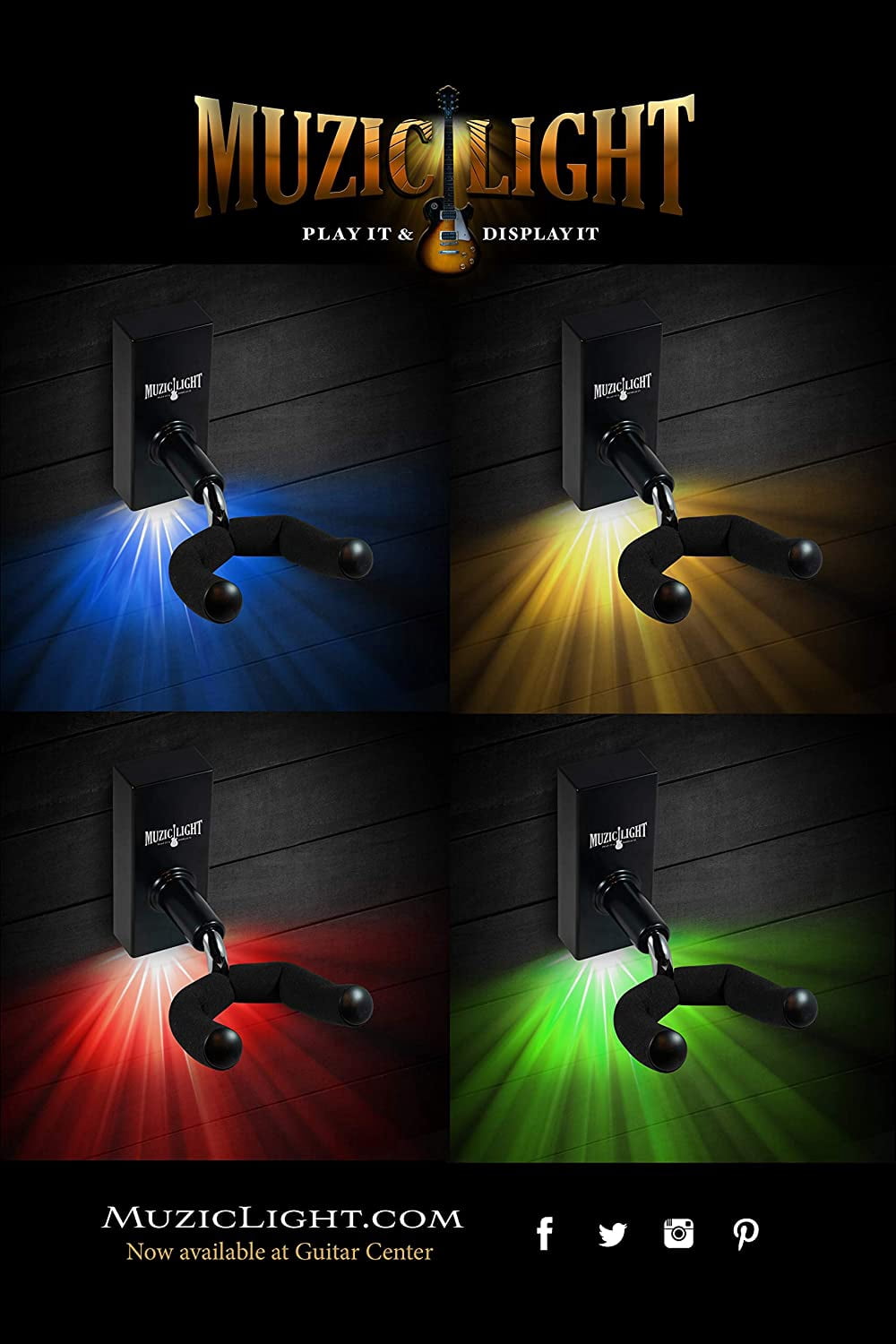 MuzicLight Light Up Wide Neck Guitar Wall Mount Bracket or Holder for Electric Guitars, 7 String Bass, or Concert Acoustic Guitars Using LED for Guitar Display with Ambient Surround Lighting