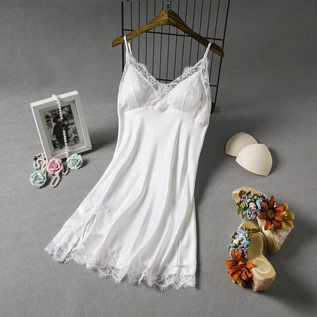 VISgogo Camisón sexy para mujer, sin mangas, cuello en V profundo, encaje, patchwork, bata de seda, vestido, ropa de dormir suave VISgogo moda
