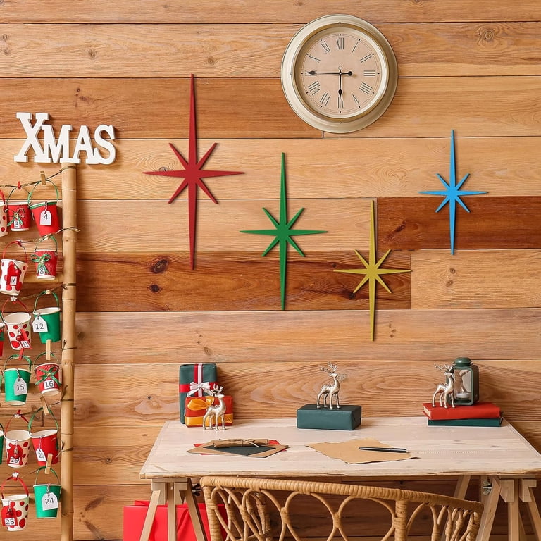 6 Pcs Starburst Wall Decor Set - Cast Iron Atomic Stars, Gold Finish | Mid Century Modern Vintage Wall Art