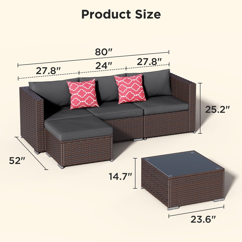 Patio Furniture Set, 5-Piece Outdoor Conversation Set with Tempered Glass Bistro Coffee Table & Plush Cushions, All-Weather PE Wicker, Rust-Resistant Metal Frame, Black