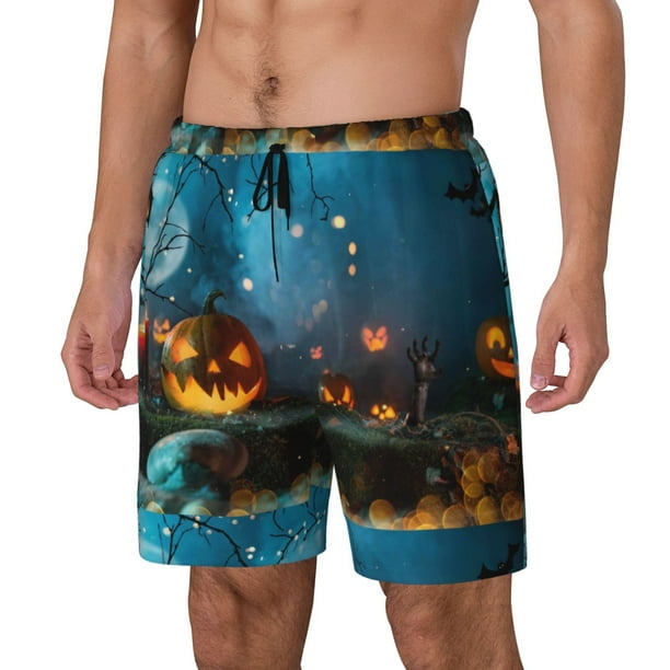 Balery Spooky Halloween Bañador para hombre, shorts de playa de secado rápido con entrepierna y forro de compresión-Large