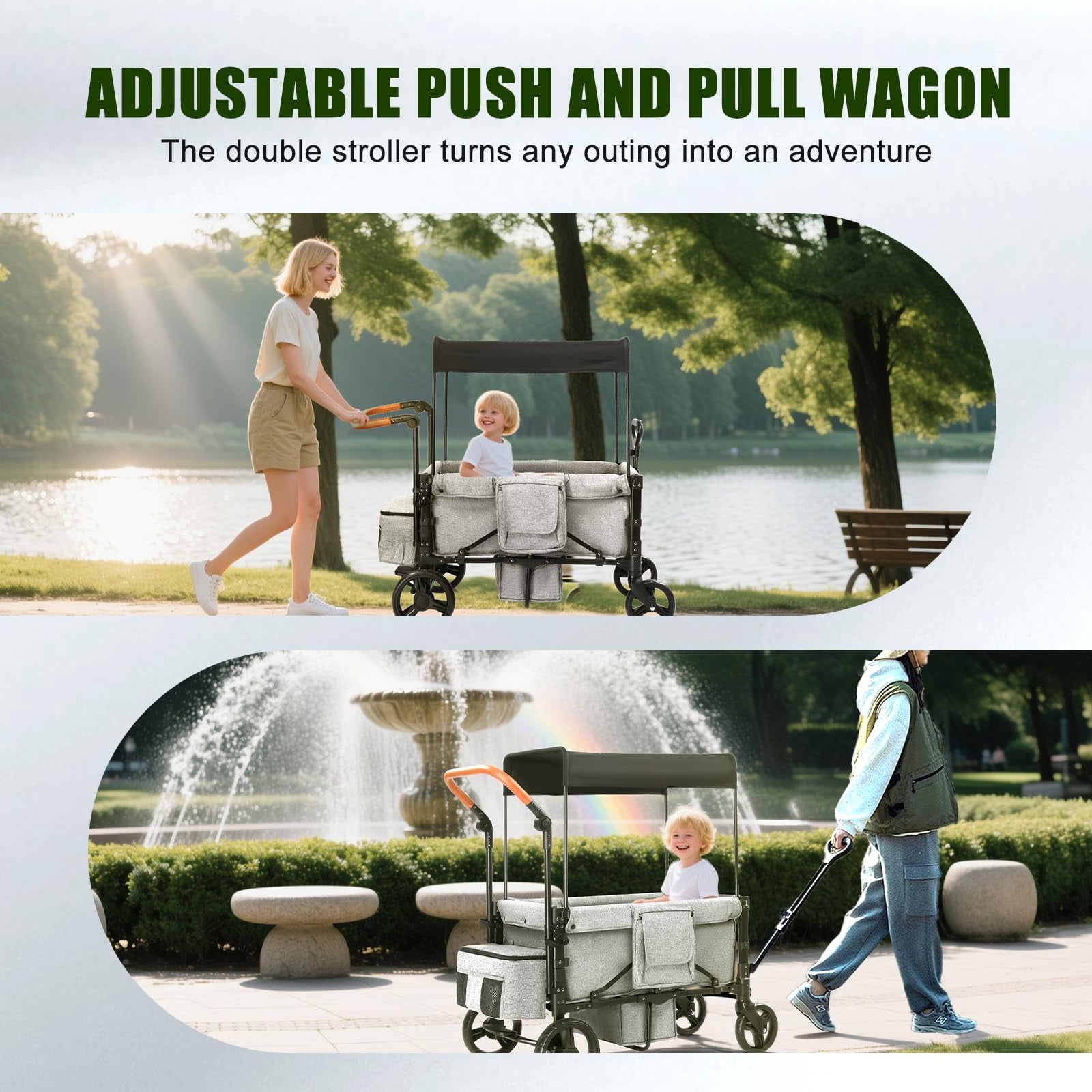 Wagon Stroller for 2 Kids, 3 in 1 Push and Pull Foldable Wagon with Footwell, All-Terrian Wheels, Includes Adjustable Canopy, Ample Organizer, 5 Point Harness (Black)