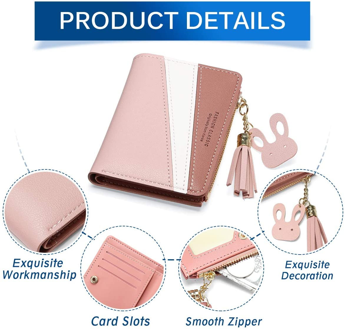 EVEOUT Womens Wallet Purse PU Leather Tassel Multi-Slots Bifold Clutch Short Money Bag Slim Card Holder for Girls Rabbit-Decorated Pendant 