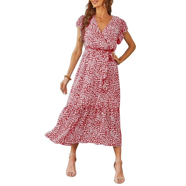 Vestido PRETTYGARDEN 2024 Floral Boho Cruzado con Cinturón XXL