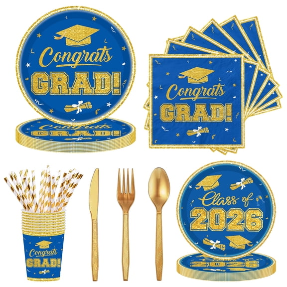 Graduation Plates and Napkins Party Supplies，Class of 2026 Congrats Grad Disposable Tableware Set Include Paper Plate Napkin Cup Knife Spoon for Congrats Grad Party Decoration，Blue