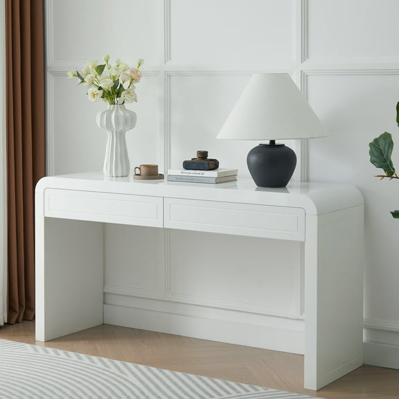Christopher Knight Home 59.8" Modern Curved Console Table, MDF Entryway Storage Table with 2 Drawers, White