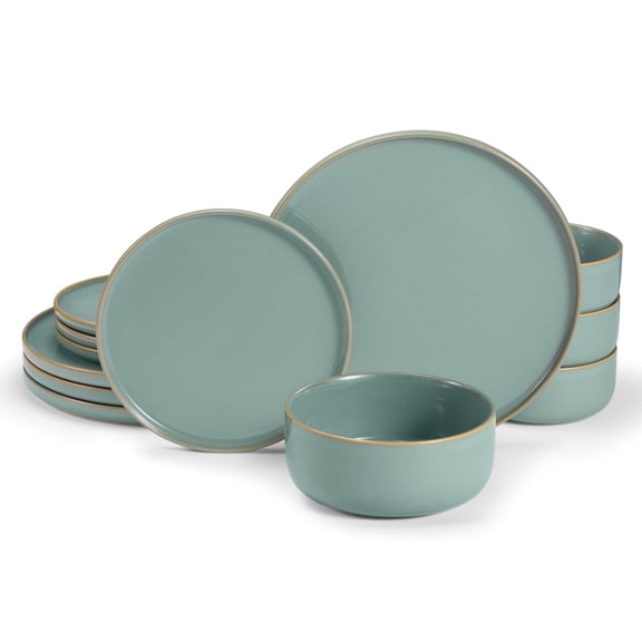 Kook Ceramic Dinnerware Set, 12 Piece, Sage Green, Service for 4, Somerset Collection