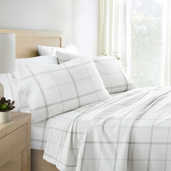 Gray Checkered 4 Piece 100% Cotton Flannel Deep Pocket Sheet Set, Queen, by Noble Linens