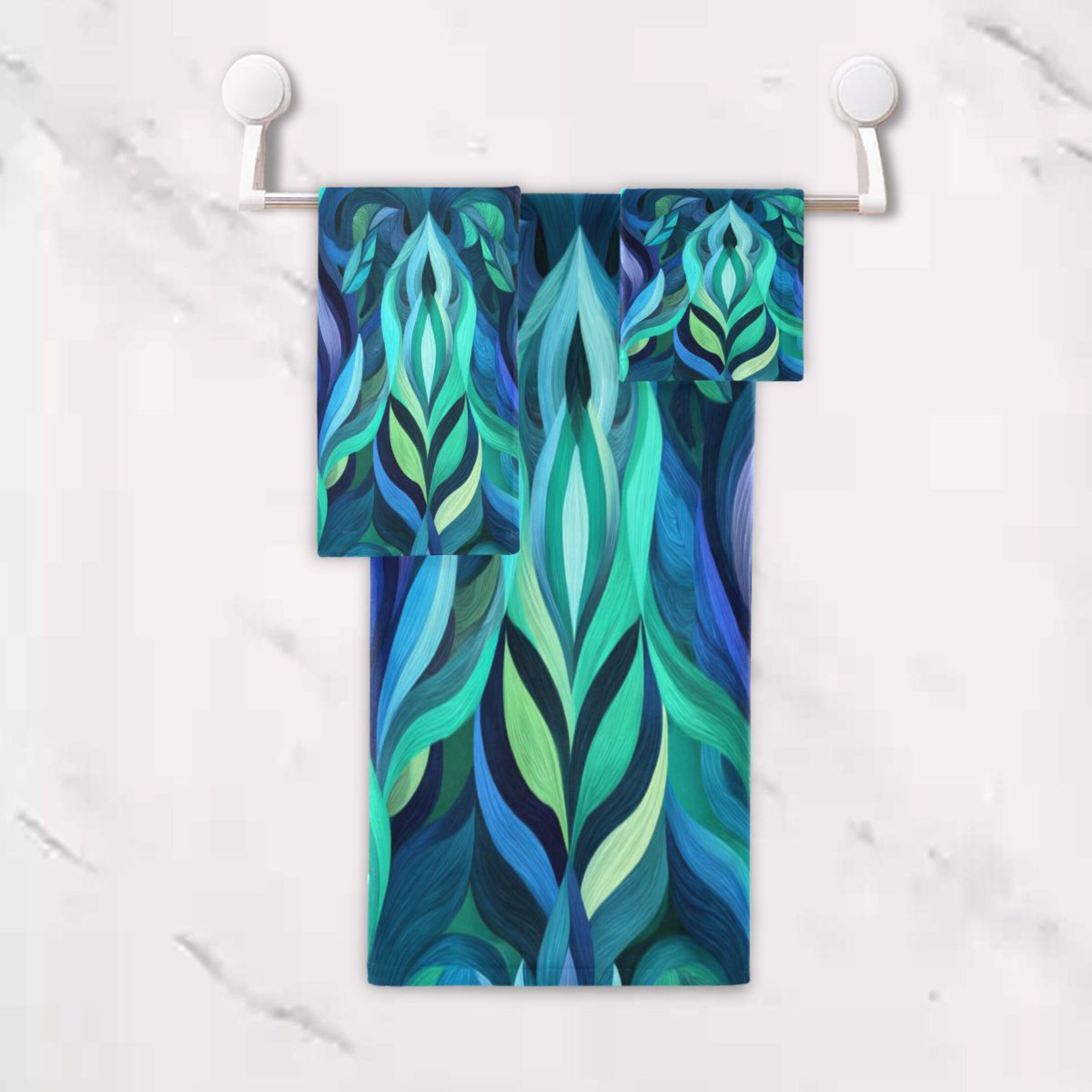 3 Piece Bath Towels Set Bath Towel, Hand Towel and Face Towel for Bathroom, Gym, Hotel Elegant Blue Abstract Shapes