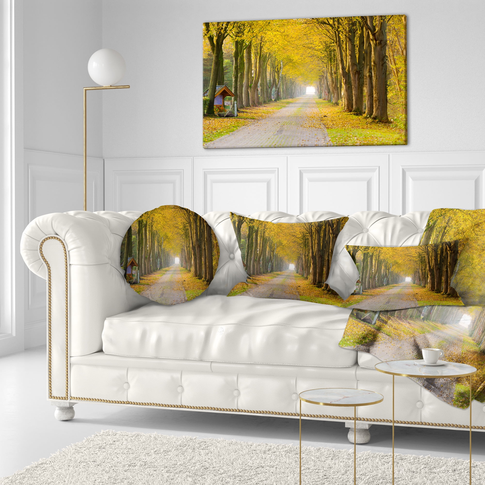 Designart Country Road Below Yellow Trees - Landscape Photography Throw Pillow - 12x20
