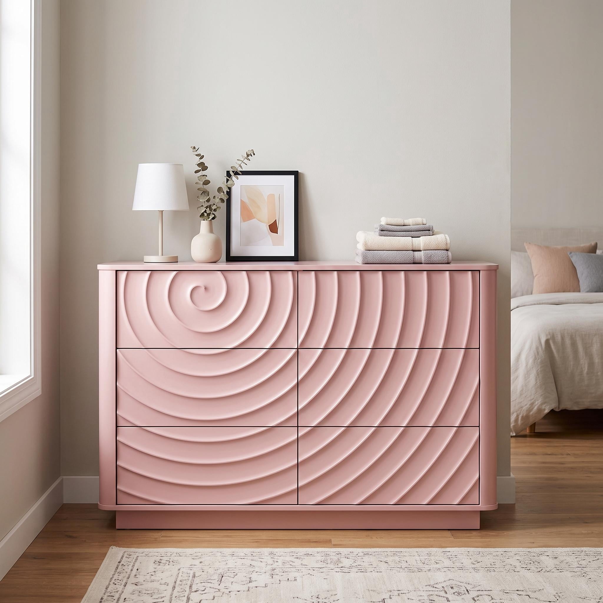 Homy Casa 46.5" Modern 6 Drawer Bedroom Dresser with Wave Fronts Pink