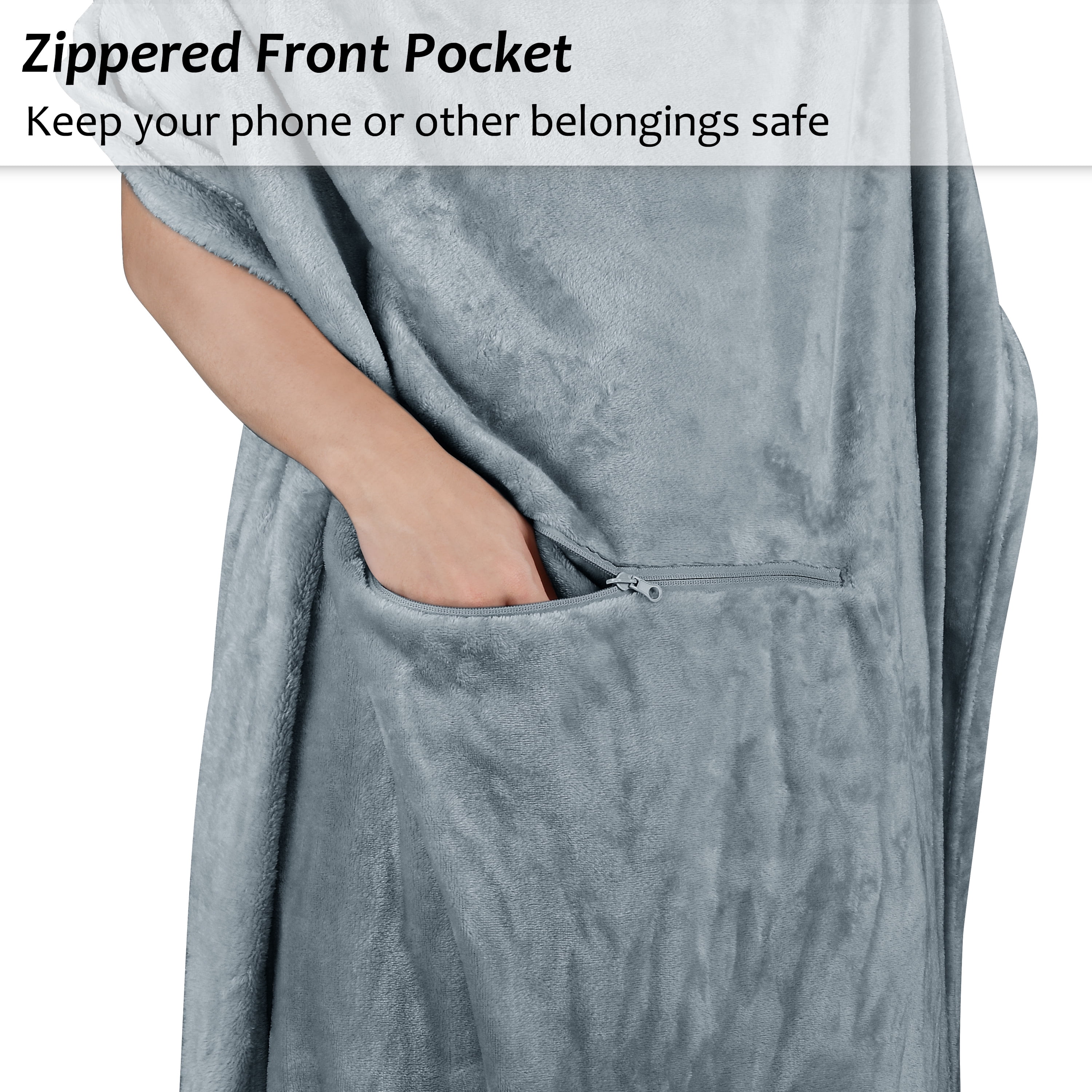 Tirrinia Wearable Blanket with Foot Pockets for Women Men | Zippered Front Pocket | Super Soft & Cozy Fleece Throw Snuggie for Adults, One Size Fits All, No Sleeve Travel Blanket, Light Grey