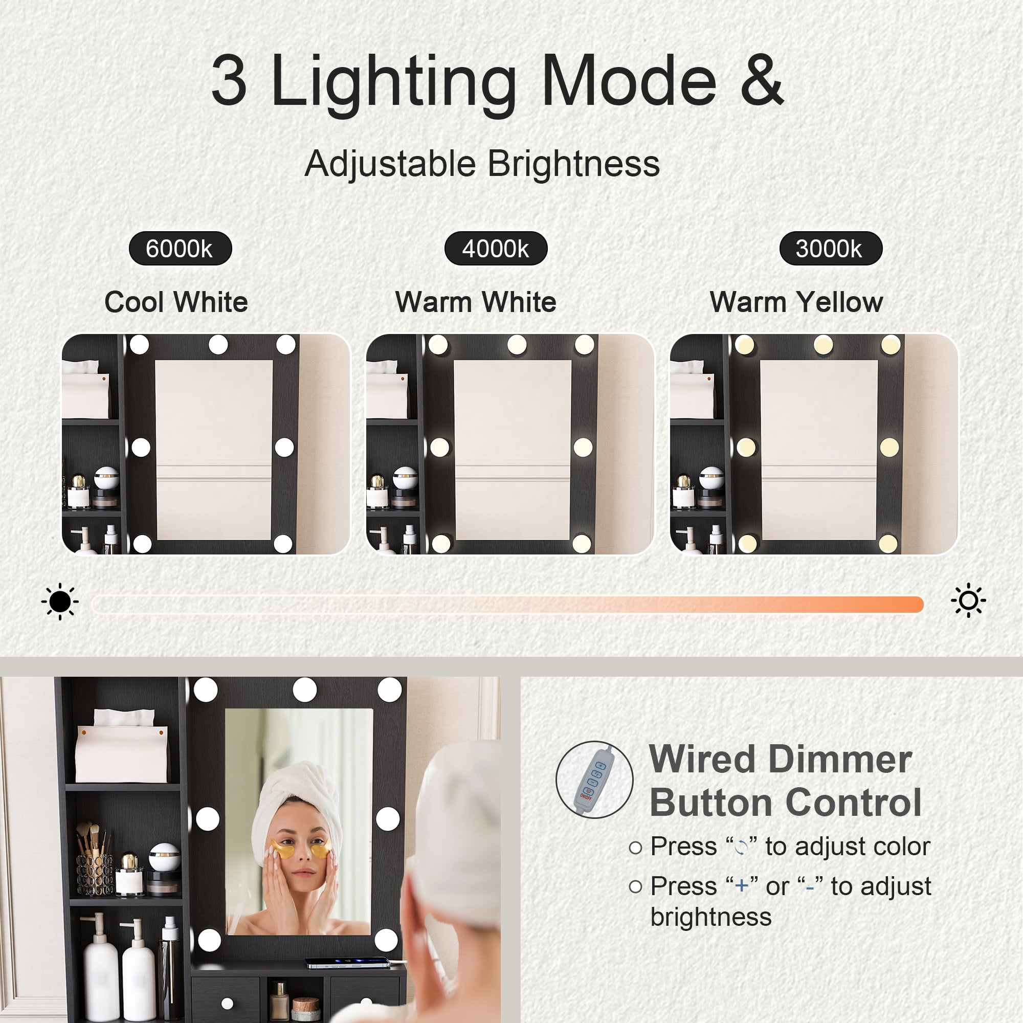 Alvantor Makeup Vanity Table and Chair Set with Mirror & Lights, Built-in Power Outlet & Hairdryer Holder, Black Finish