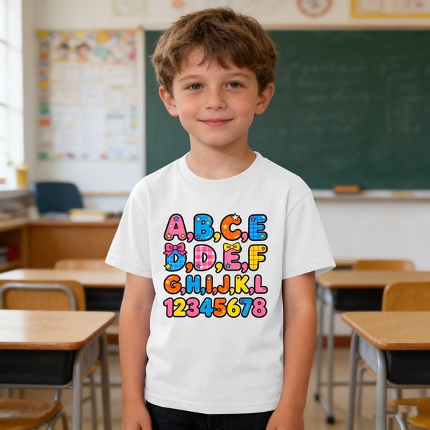Blusas y camisas de manga corta con cuello redondo para niños y niñas, camisetas gráficas de manga corta, blusas con estampados bonitos para la temporada escolar.