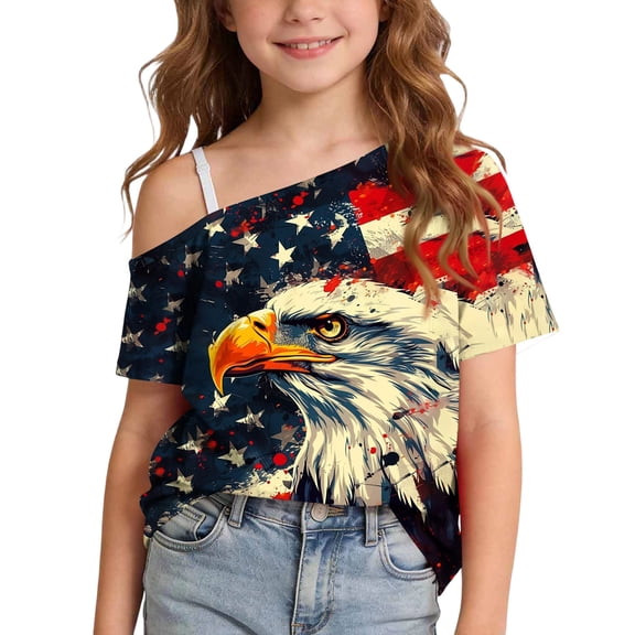 FAVIPT 4th of July Shirts Teen Girl Summer 250 Years American Flag Shirt One Shoulder Patriotic Tops Independence Day Tshirts Multicolor,9 Years