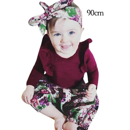 

ELENXS 3 Pieces/Set Top Pants Headband Newborn Printed Ruffled Romper Pants