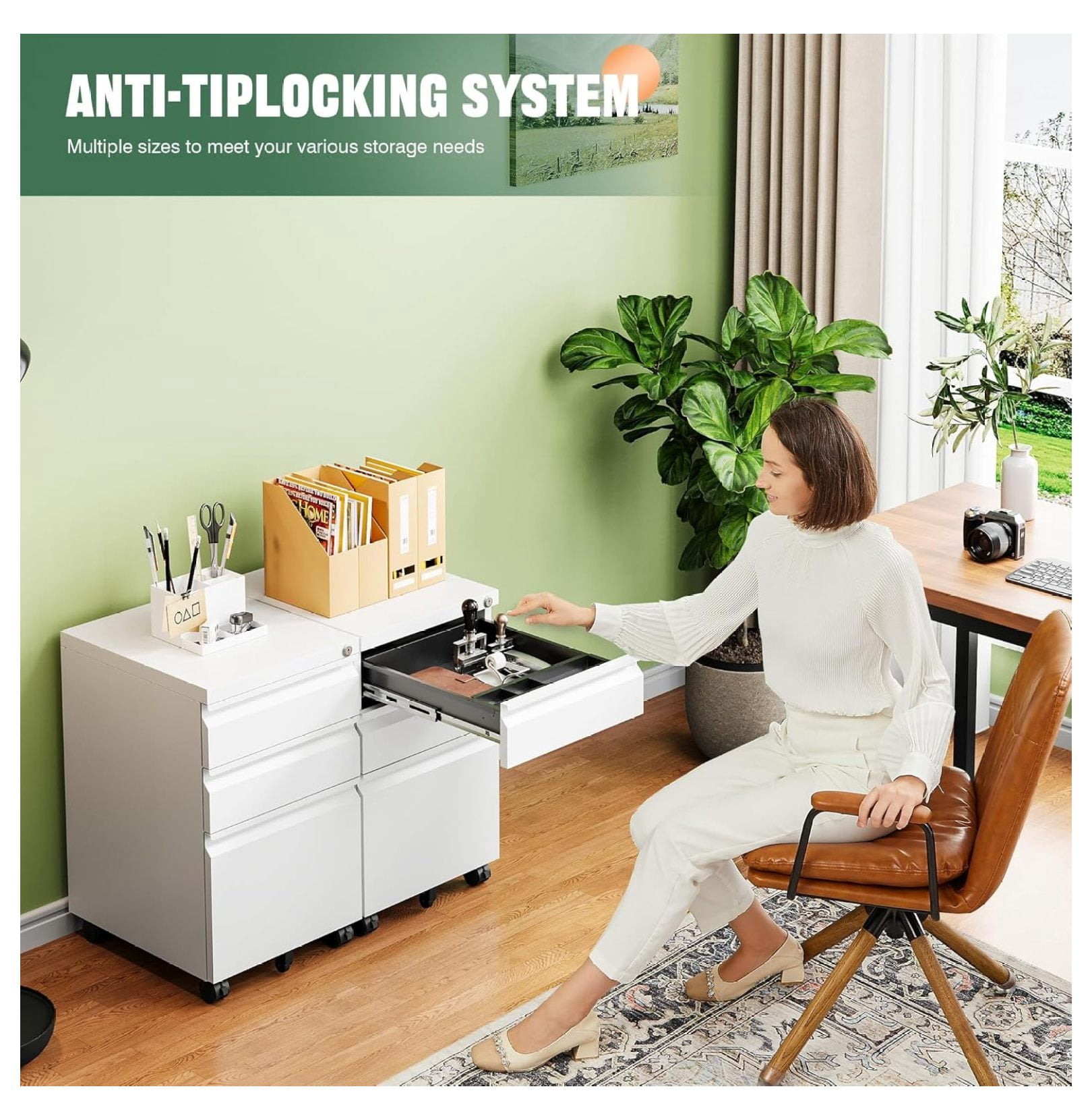 WDZS 3 Drawer Mobile File Cabinet with Lock, Under Desk Metal Filing Cabinets for Home Office Organizer Letters/Legal/A4(Fully Assembled-White)