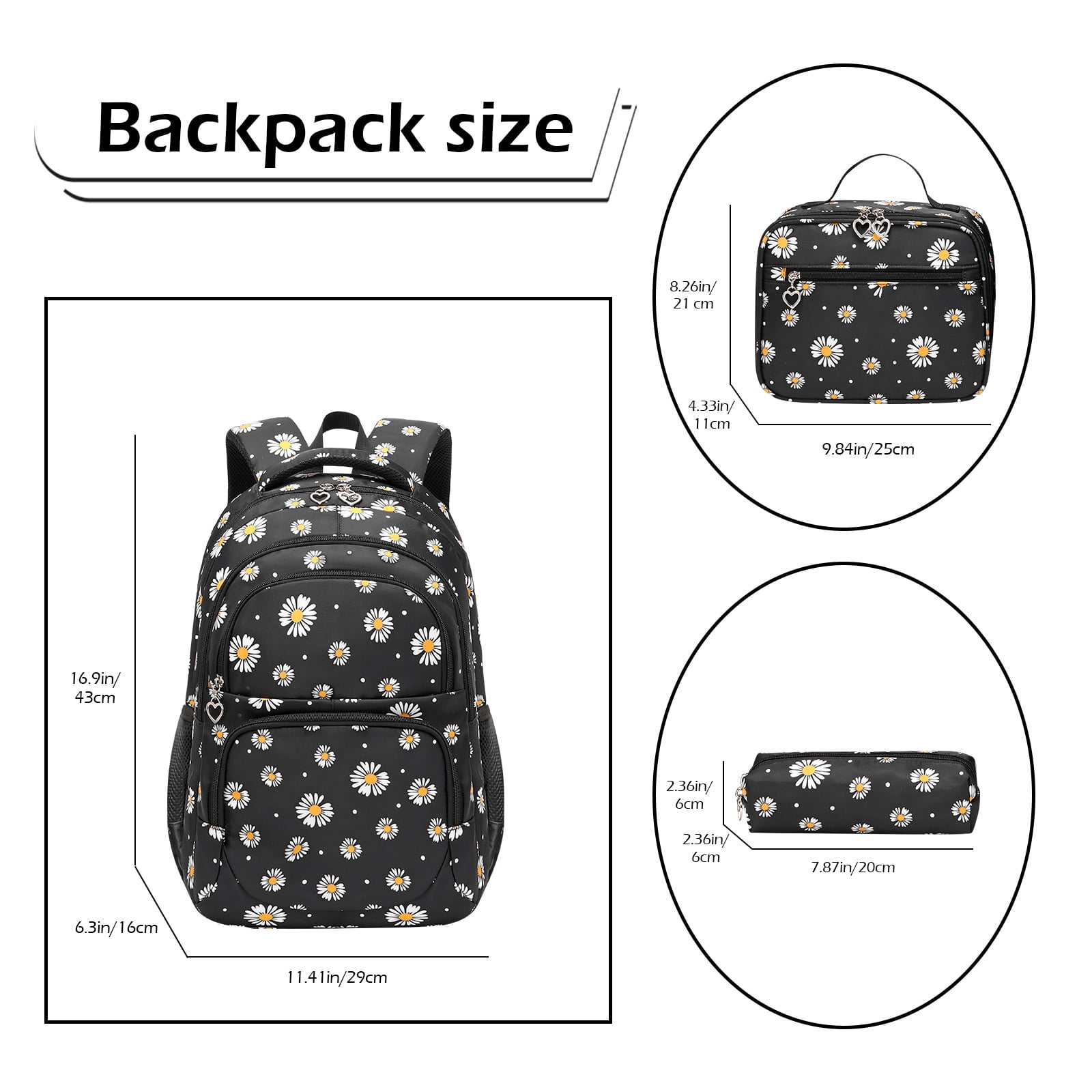 Forestfish 3-Piece Backpack Set for School,Large Capacity Teen Backpack with Insulated Lunch Bag & Pencil Case,Waterproof with Laptop Compartment & Side Pocket(Daisy A/Black)