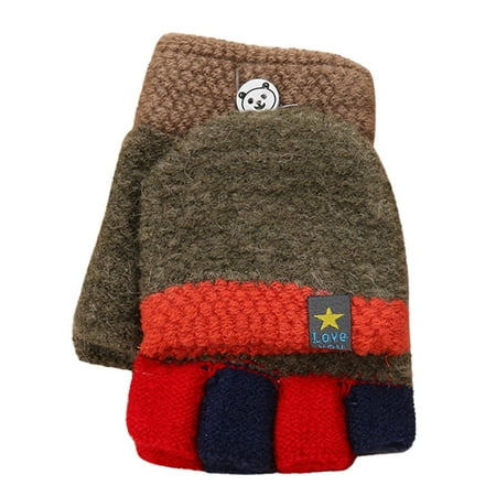 

Bjutir Toddler Boys Girls Gloves Warm Soft Convertible Flip Top Color Block Gloves Kids Baby Winter Warm Knit Fingerless Mitten Brown One Size