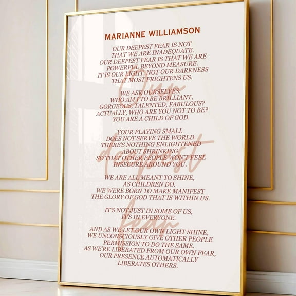 Our Deepest Fear Poetry Print, Marianne Williamson Poster, Child Of God Minimalist Inspirational Wall Art UNFRAMED Poster, Wall Art for Decor, Present, 8x12