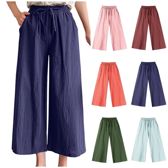 Sakmal Capri Palazzo Pants for Women Wide Leg Boho Cotton Linen Pants Lightweight Drawstring Summer Solid Capris for Women L