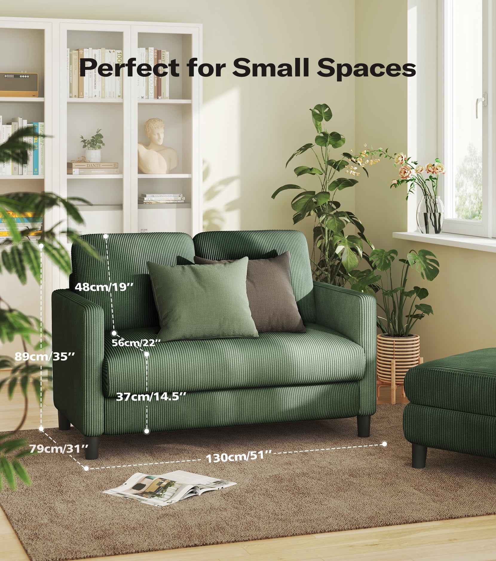 Welzona 51" Corduroy Loveseat Sofa, Small 2-Seater Couch for Small Spaces, Tool-Free Assembly,Green