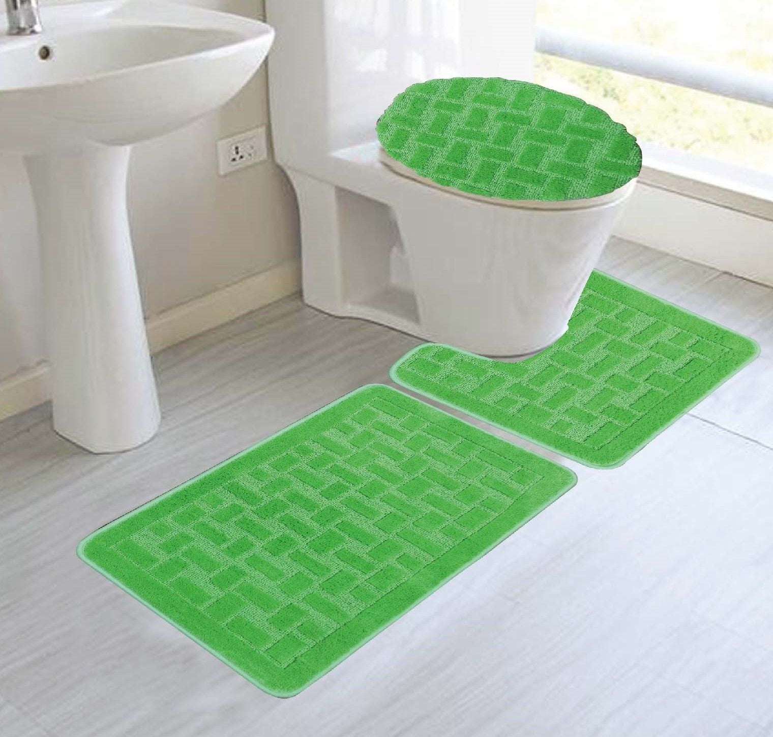 SYDNEY 3 PIECE BATH MAT, CONTOUR AND LID COVER RUG SET, LIME GREEN