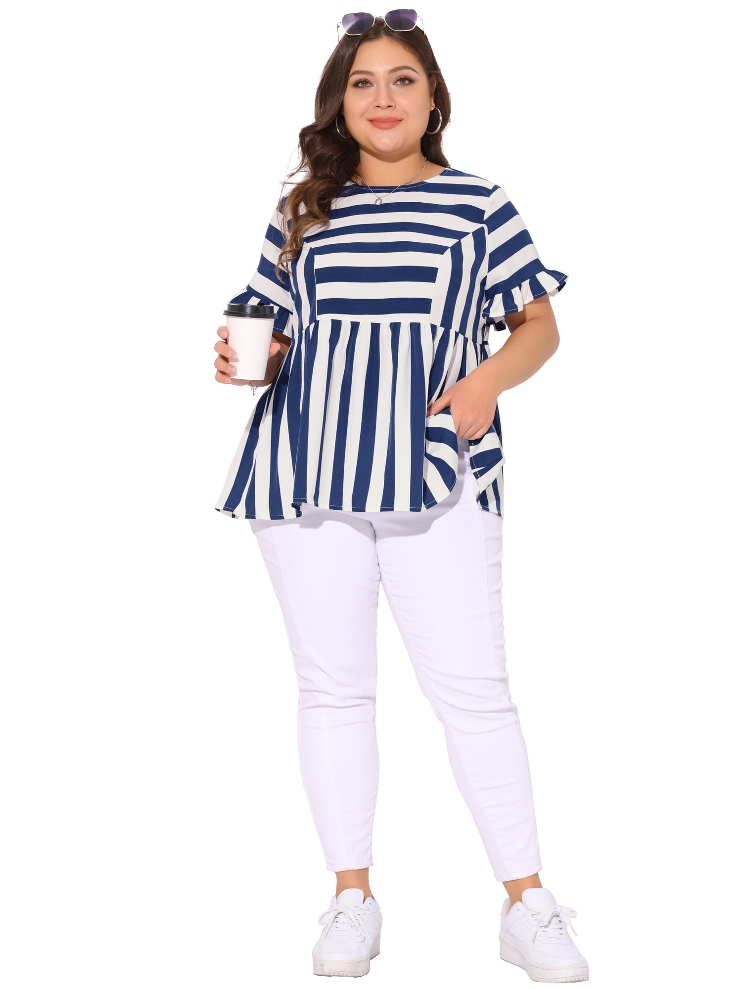DARING DIVA Women's Plus Babydoll Ruffle Peplum Top 2X Blue White