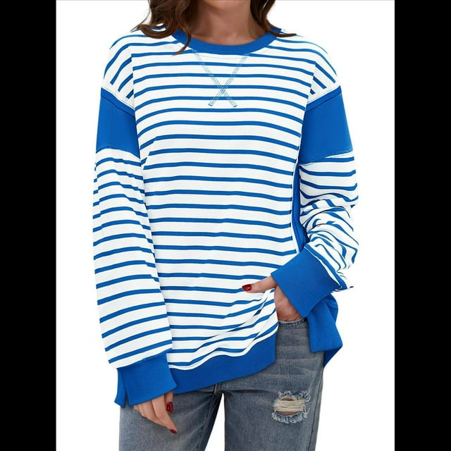 Sudadera Informal de Larga con Cuello Redondo y Rayas de Color Block para Mujer. Azul L