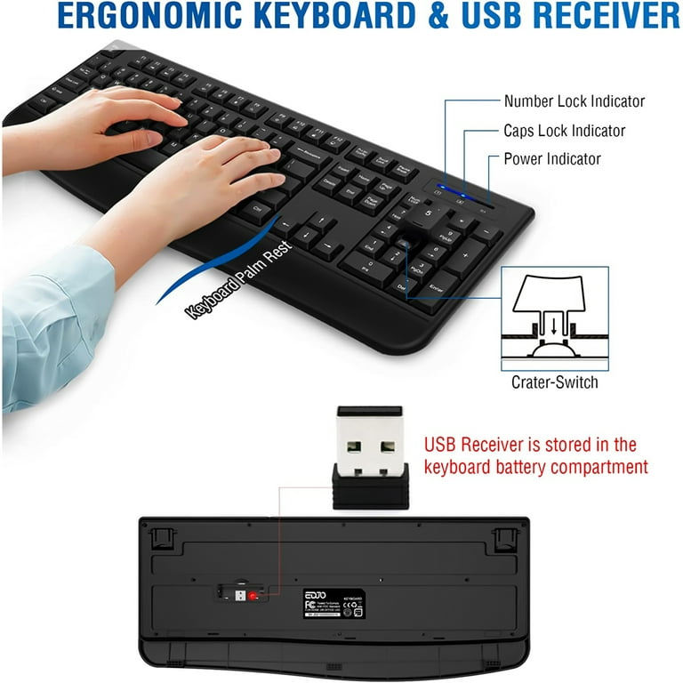 Full-Sized 2.4GHz Wireless Keyboard and Mouse Combo with Comfortable Palm  Rest for Windows, Mac OS PC/Desktops/Laptops（Black）