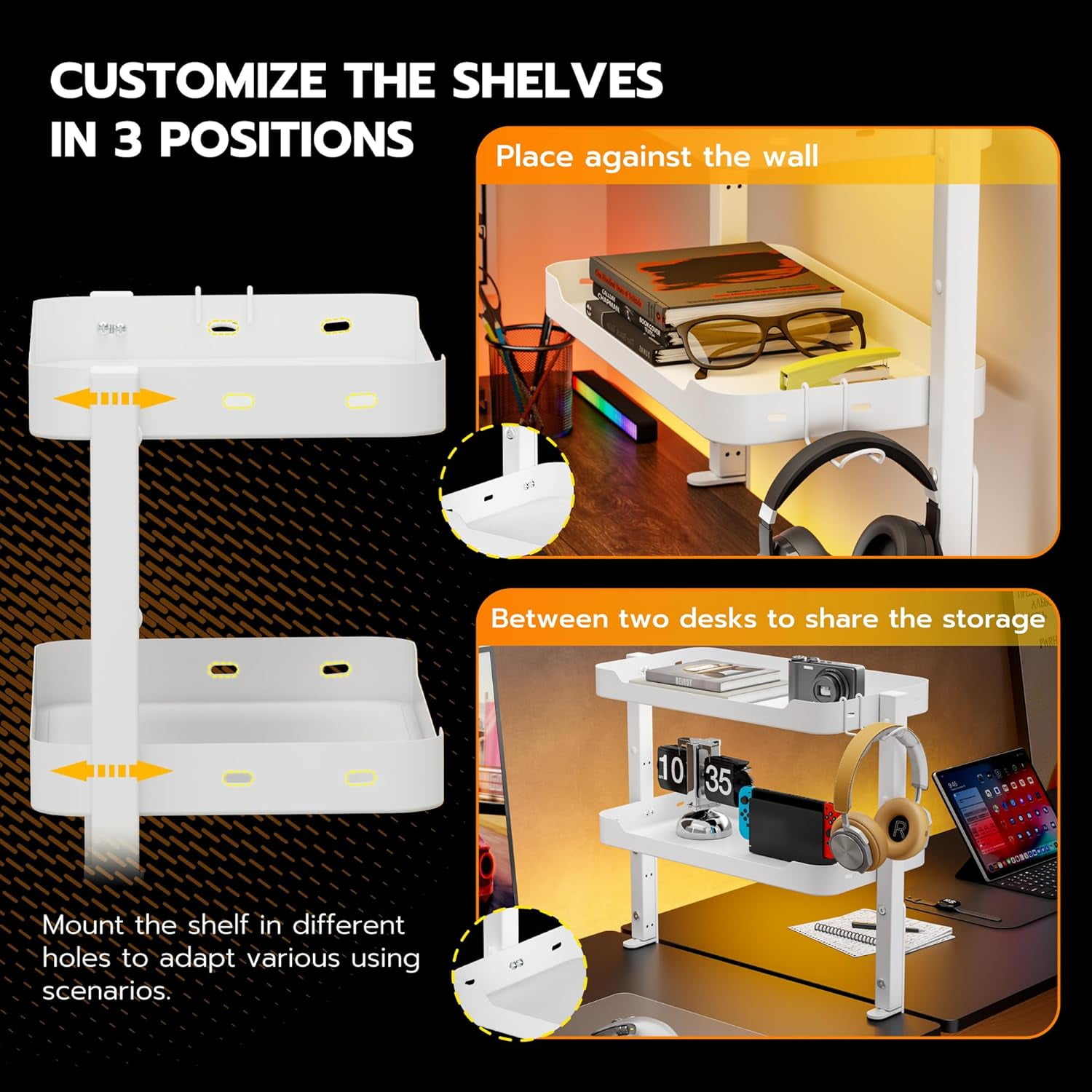 ARES WING 2-Tier Clamp On Desk Shelf, 16 inch Adjustable Above or Under Desk Storage Shelves Holds 44 lbs, Heavy Duty Desktop Organizer with Headphone Holder for Working and Gaming Accessories, White
