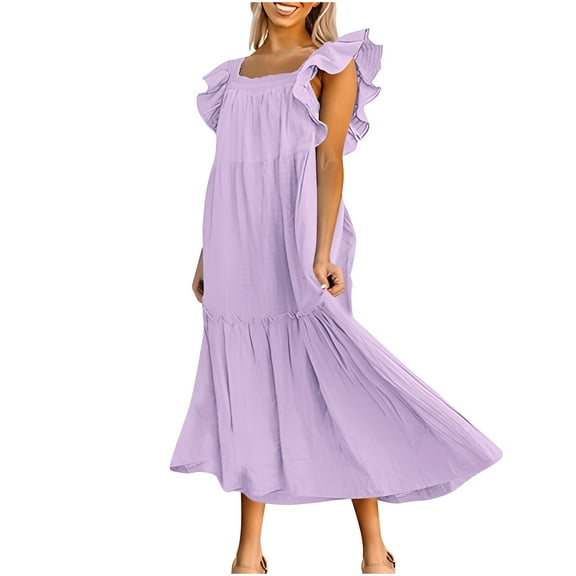 Ashirexll Dresses for Women 2024, Flowy Dresses for Women, Fashion Summer Flying Sleeve Off Shoulder Pleated Hem Dress Purple M